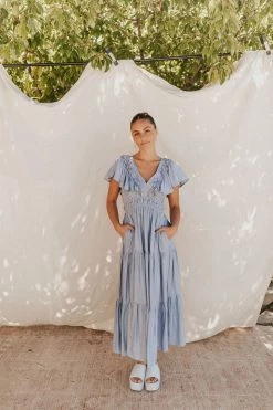 Henly Nya Crepe Maxi In Steel Blue Dresses